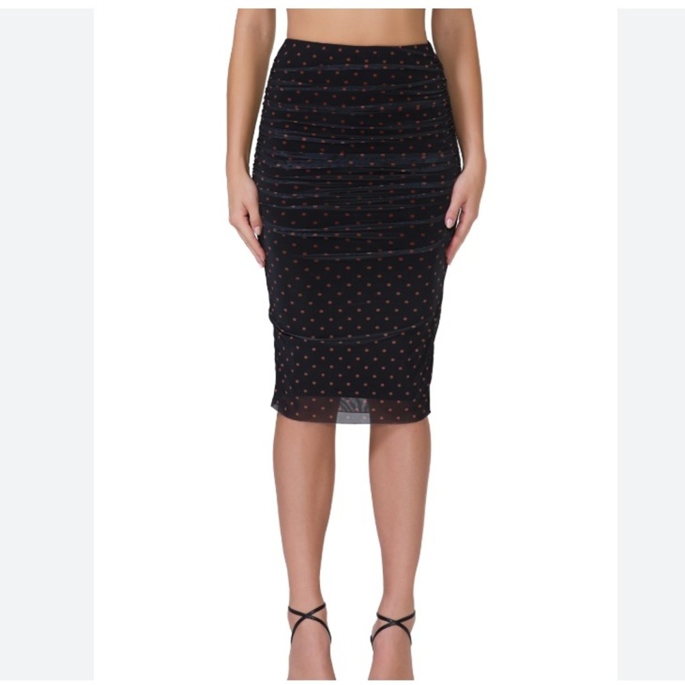 AFRM‎ Riley Skirt Black Brown Polka Dot Ruched Mesh Midi Pencil Skirt Small